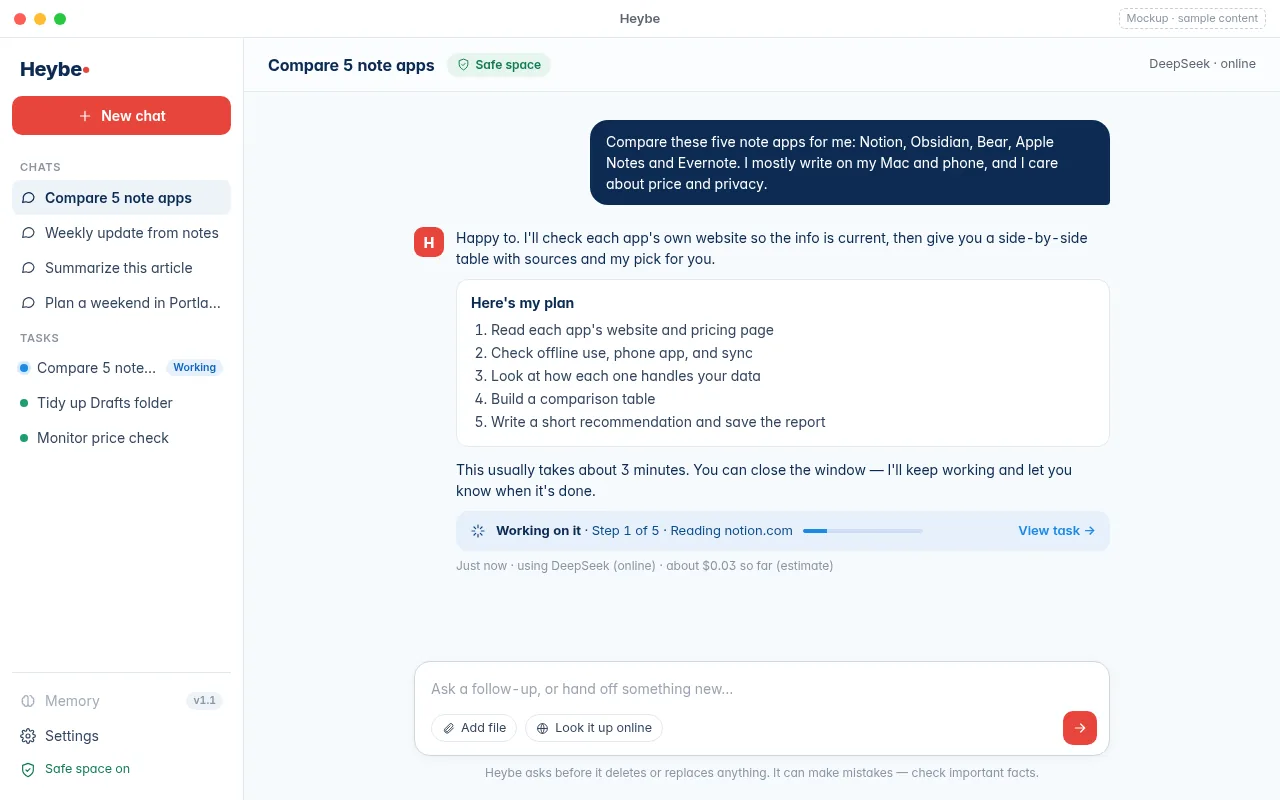 Heybe chat: the local AI assistant turns one sentence into a step-by-step plan