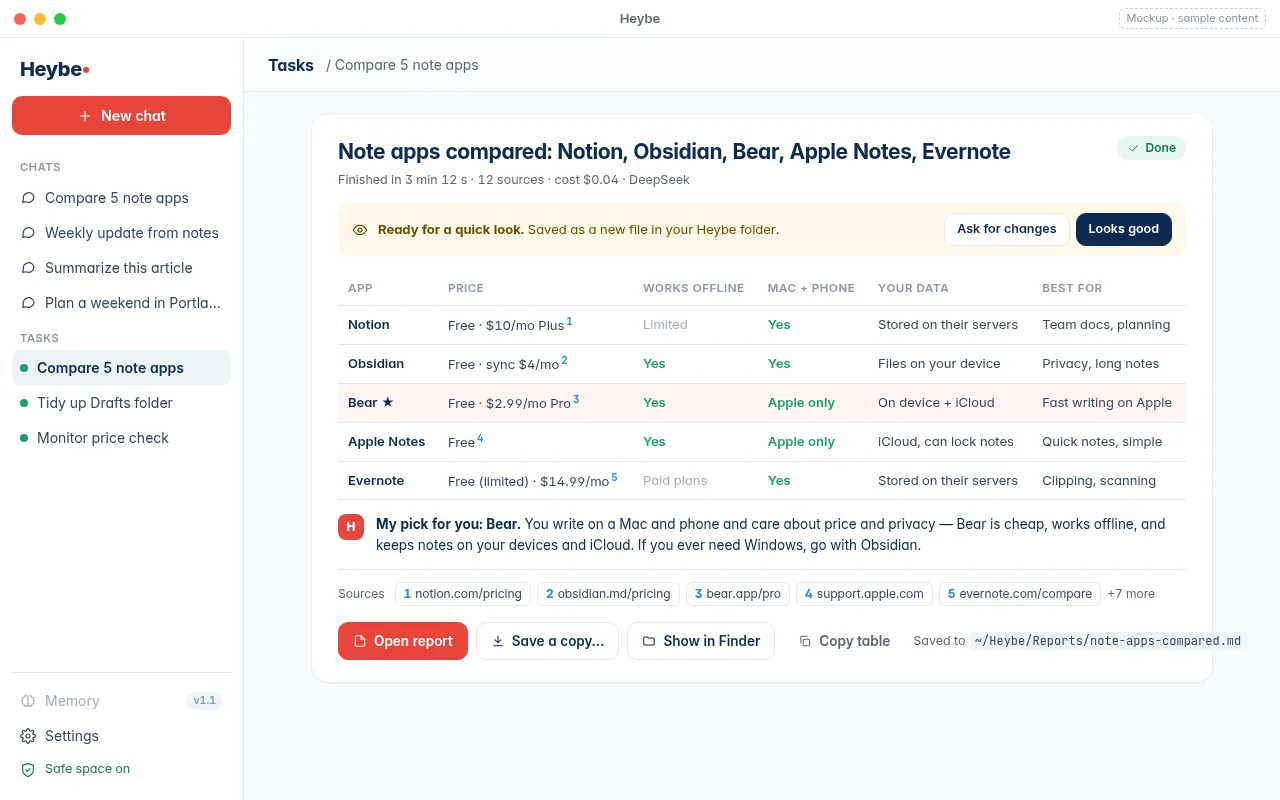 Heybe result: a comparison table and recommendation with sources, saved as a local file